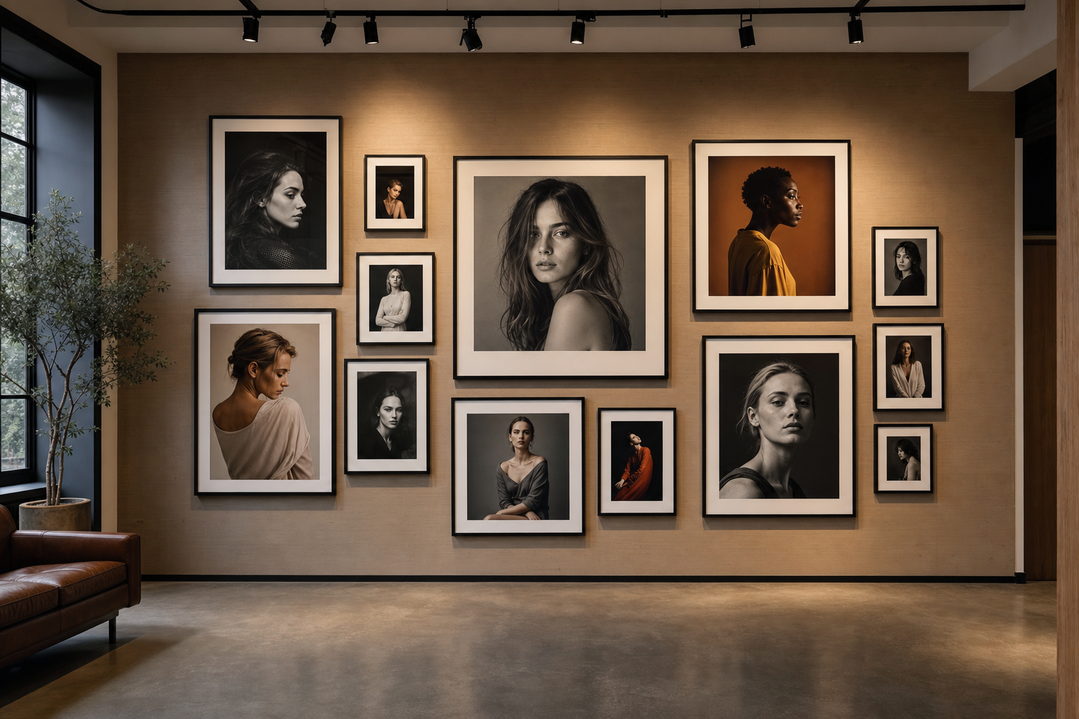 Gallery wall of framed portrait prints in the studio