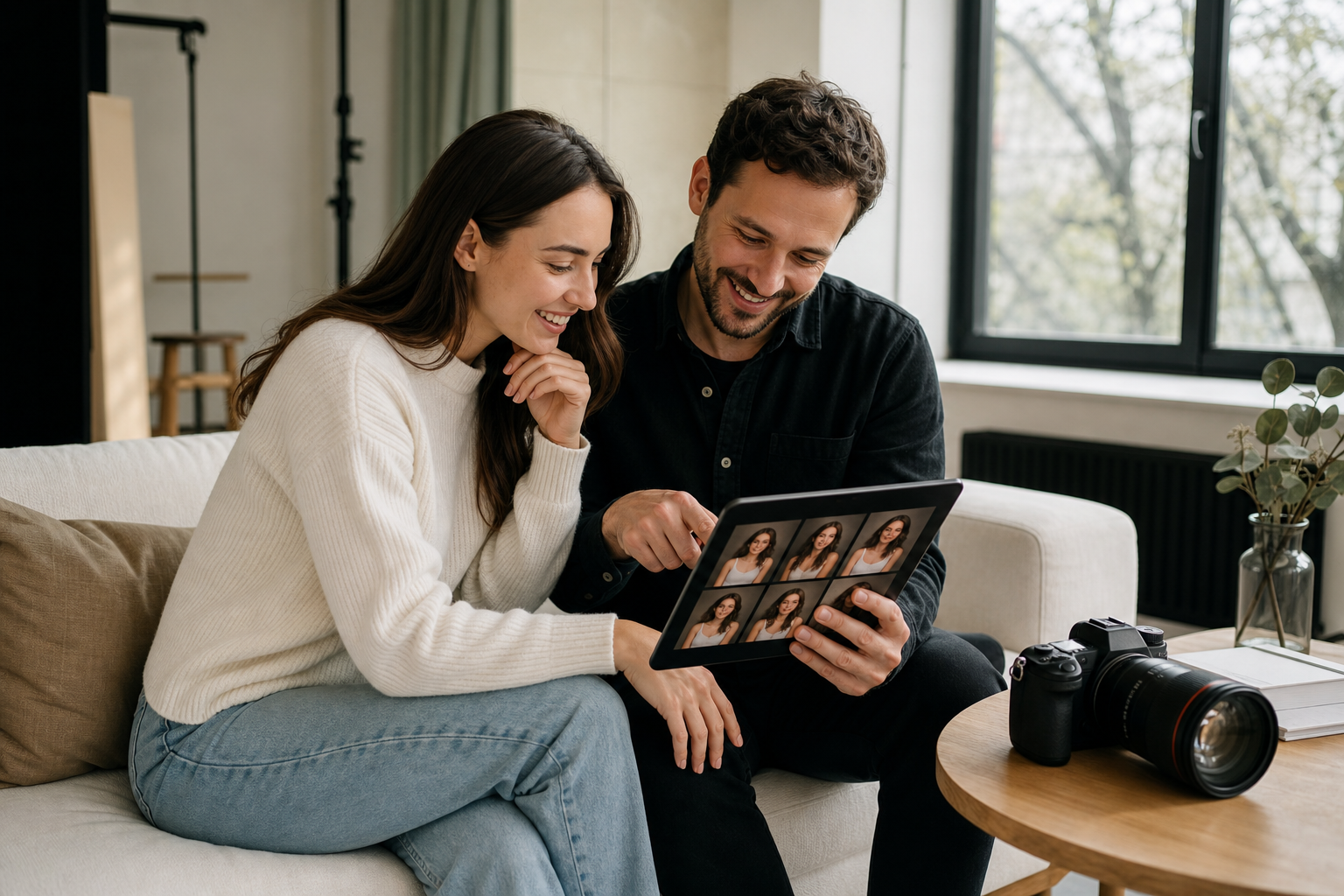 Client reviewing photos on a tablet with the photographer