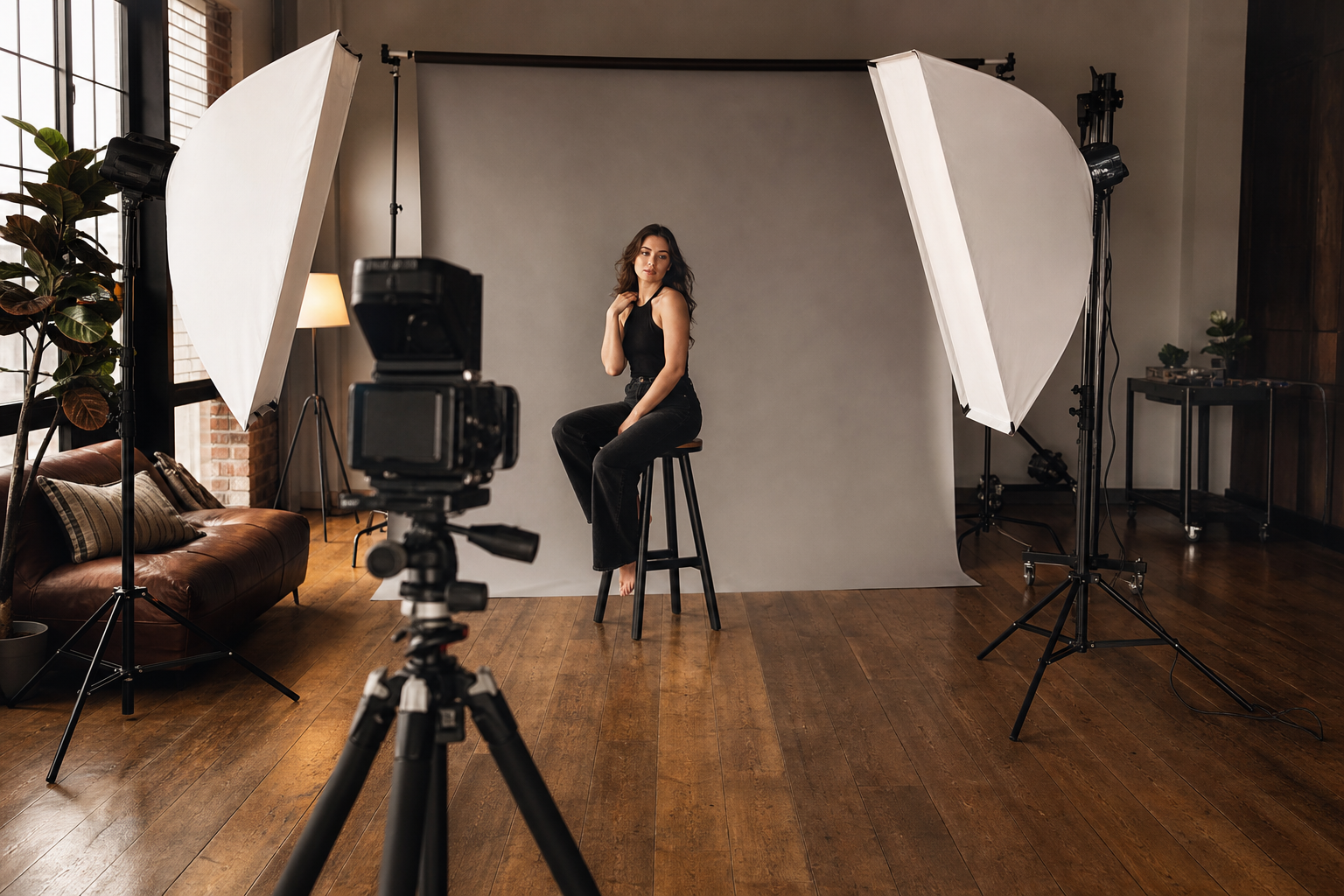Portrait photography studio with softbox lighting setup and model being photographed